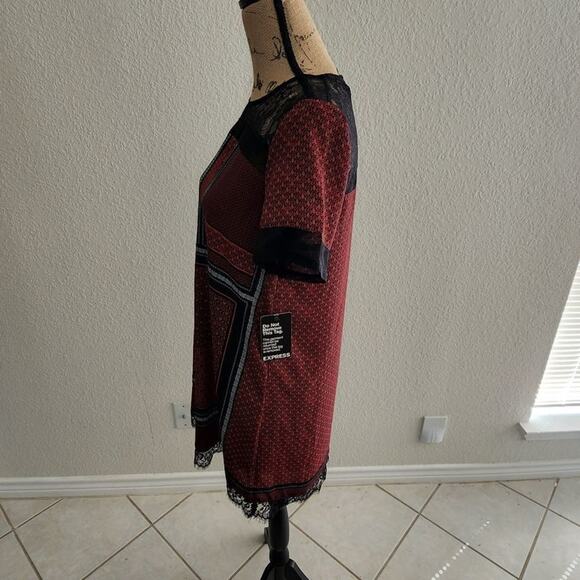 Express multi‎ pattern RED AND BLACK lace yoke trim Sheath dress size XS NEw! - Picture 6 of 11